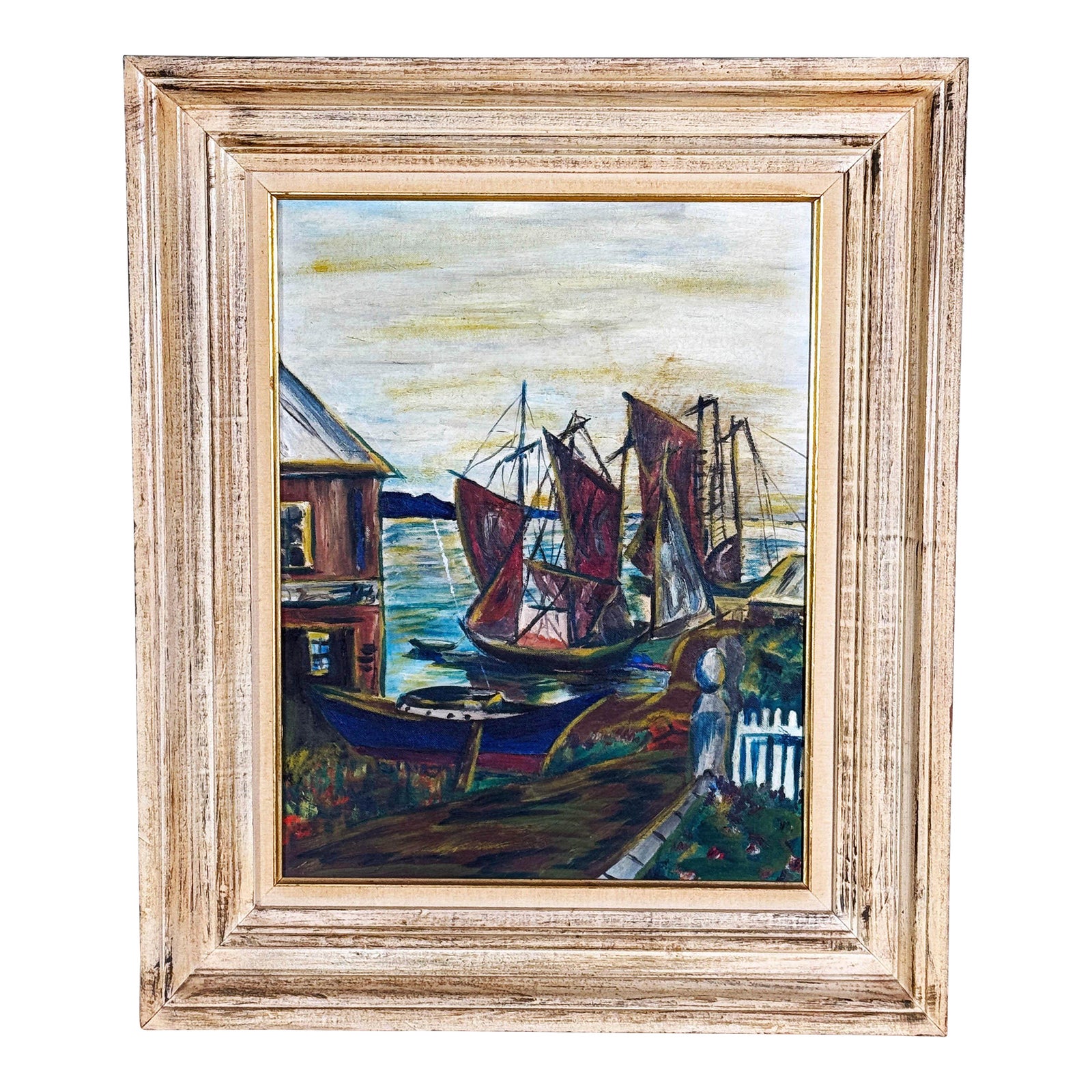 Vintage Mid Century Harbor Scene Oil Painting With Boats