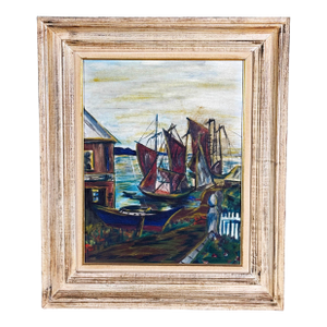 Vintage Mid Century Harbor Scene Oil Painting With Boats