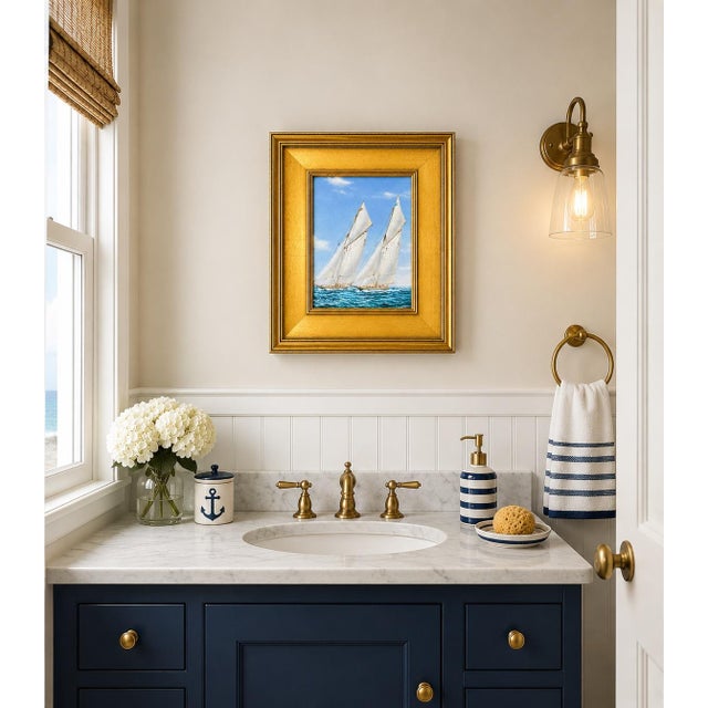 Original oil on canvas by Matt Thomas featuring an elegant pair of racing sailboats cutting through coastal waters beneath...