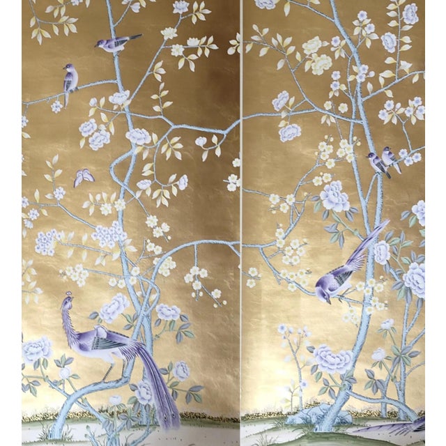 Gold Leaf Chinoiserie Hand-Painted Purple Bird & Floral Wall Panels (Set of 5) For Sale - Image 4 of 4
