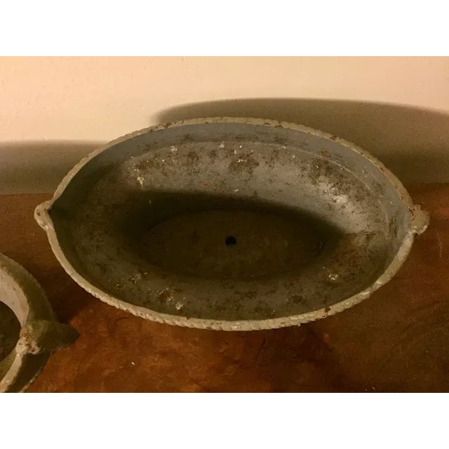 Metal French Art Deco Cast Iron Oval Basket Form Garden Urns - A Pair For Sale - Image 7 of 13