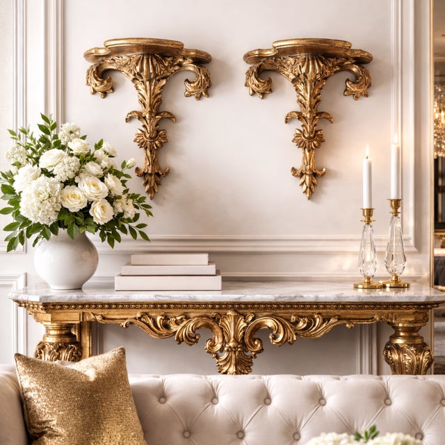 A striking pair of sculptural architectural corbels featuring dramatic acanthus leaf carving and a richly aged gilt...