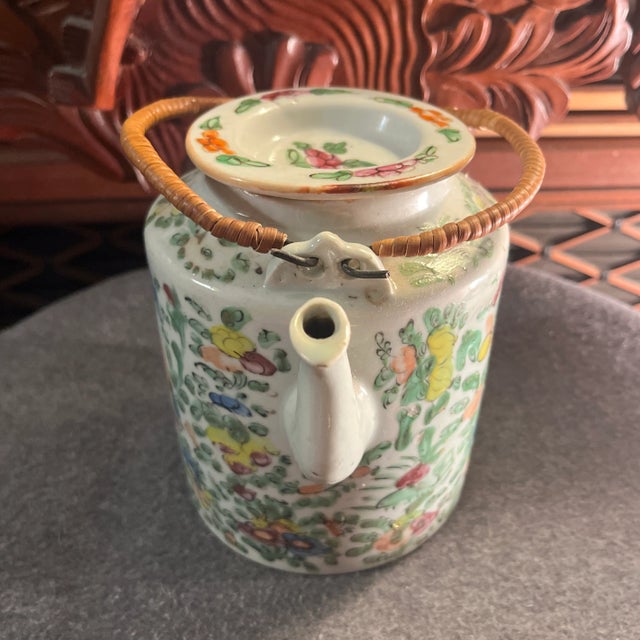 Wood Antique Famille Rose Porcelain Tea Pot With Insulated Wicker Basket For Sale - Image 7 of 13
