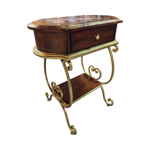 Hollywood Regency One-of-a-Kind Vintage Accent Table With 18k Gold Foil, Hand-Painted Floral & Bird Motif For Sale - Image 3 of 10