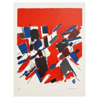 Jacques Germain, Red Abstraction, Original Hand-Signed Lithograph, 1969 For Sale
