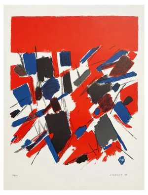 Jacques Germain, Red Abstraction, Original Hand-Signed Lithograph, 1969