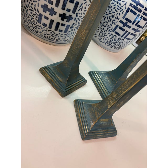 Dusty Blue Patinated Metal Candlesticks With Antiqued Gold Highlight Set of 3 For Sale In Miami - Image 6 of 14