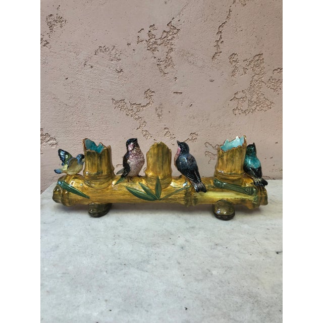 C.1880 Majolica Triple Bamboo Vase With Birds Massier, Circa 1880 For Sale - Image 9 of 11
