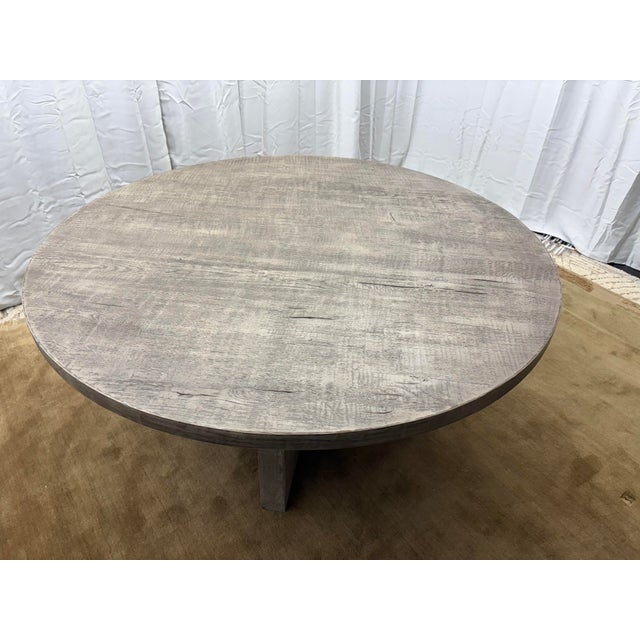 Drifted Reclaimed Oak Round Dining Table – 60” Drifted Reclaimed Grey Oak Finish For Sale - Image 14 of 18