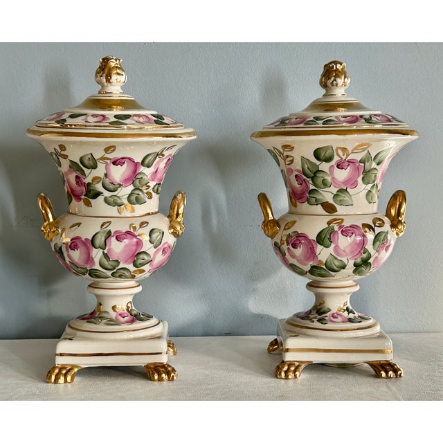 Italian Vtg. Pair of Italian Charleston Line Porcelain Lidded Lamp W/Roses For Sale - Image 3 of 13