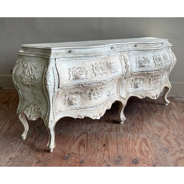 French Provincial Vintage Regency Washed Bombe Double Dresser For Sale - Image 3 of 8