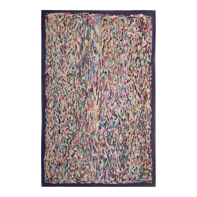 1940s Multicolor Abstract Folk Art Antique American Hooked Rug 3'0" X 4'10" Handknotted Wool Carpet For Sale