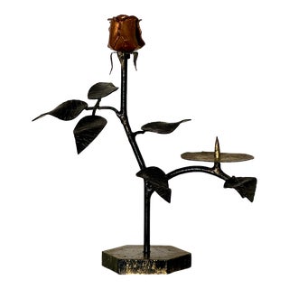 Vintage Brutalist Style Mixed Metal Art Single Rose Candlestick, Copper & Brass For Sale