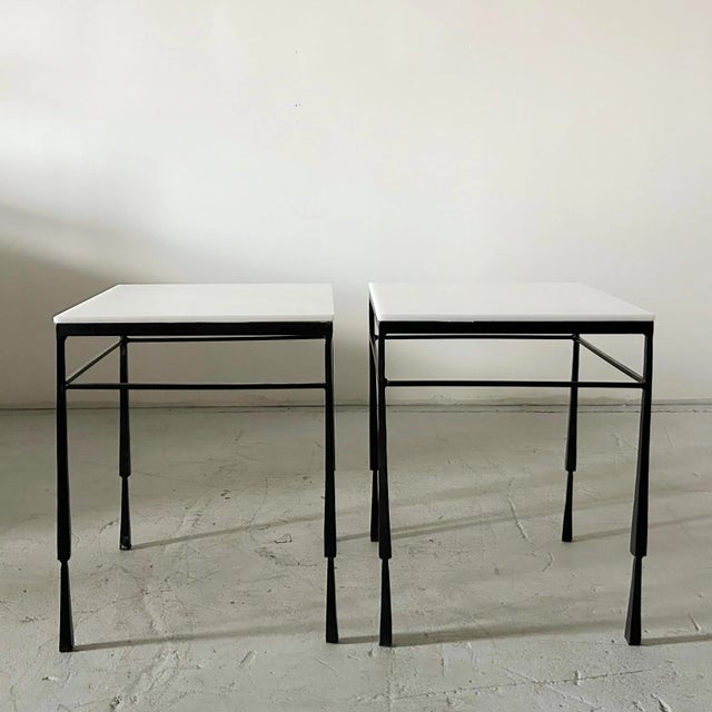 Mid-Century Modern French Iron and Marble Side Tables For Sale - Image 3 of 4