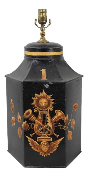 1970s Hexagonal Tole English Tea Caddy Lamp No.1 Sun & Musical Instruments