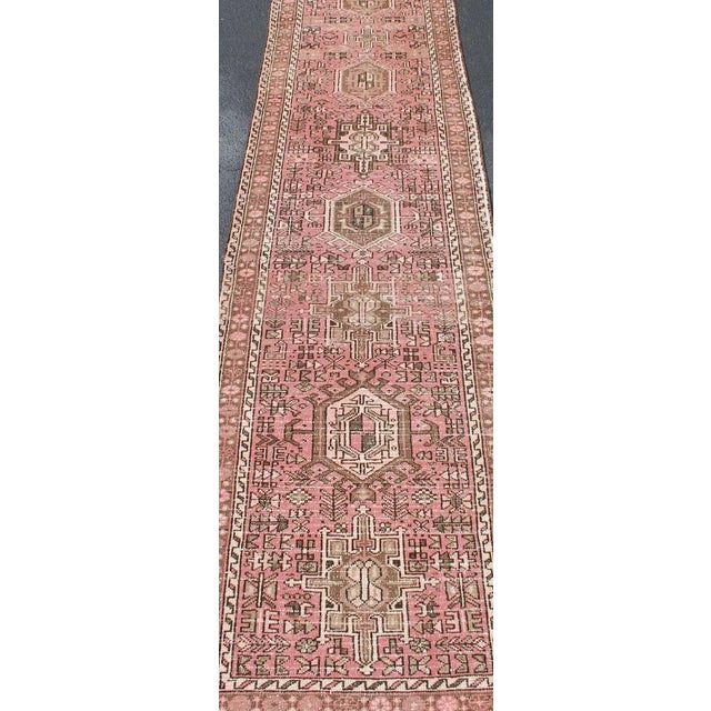 Long Narrow Persian Heriz Runner With Tribal Design in Pink and Taupe For Sale In Atlanta - Image 6 of 13
