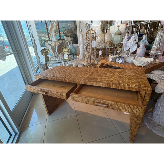 Vintage Coastal Italian Wrapped Woven Rattan Cane Wicker Desk Drawers & Chair For Sale - Image 9 of 12