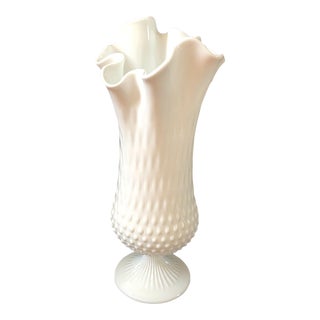Late 20th Century Fenton Art Glass Vase Hobnail Handkerchief White Milk Glass For Sale