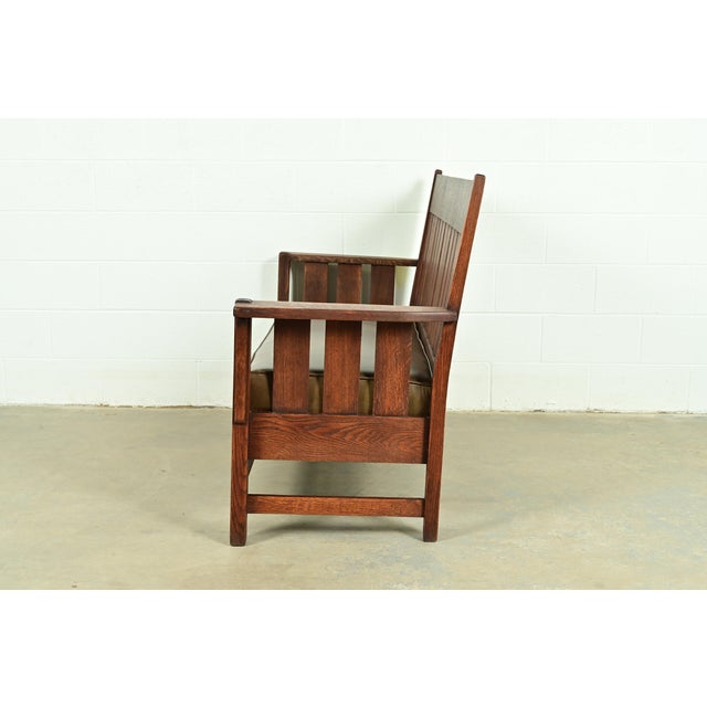 J. M. Young & Sons Antique Mission Oak Arts & Crafts Bench or Settle Sofa, Circa 1910 For Sale - Image 9 of 11