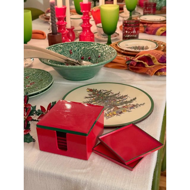 Vintage Lord & Taylor Red and Green Lacquerware Coaster Set- 7 Pieces For Sale - Image 11 of 11