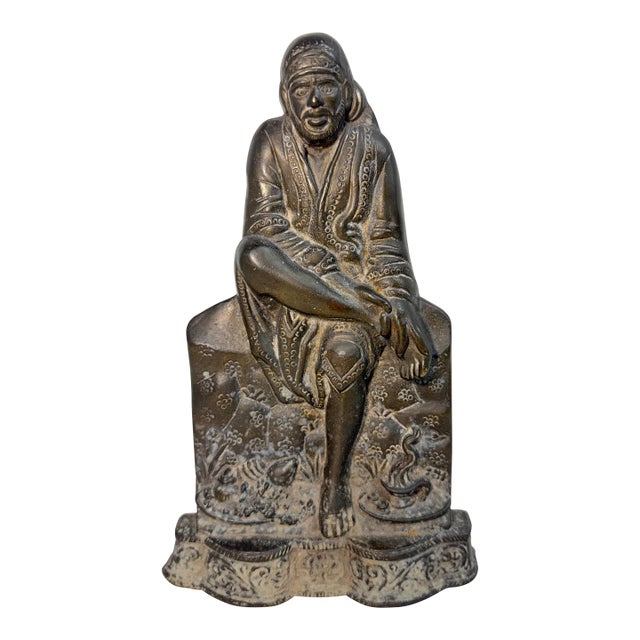 Antique Thick Gilt Bronze Figural Lord Sai Baba Idol Figurine Doorstop Statue For Sale