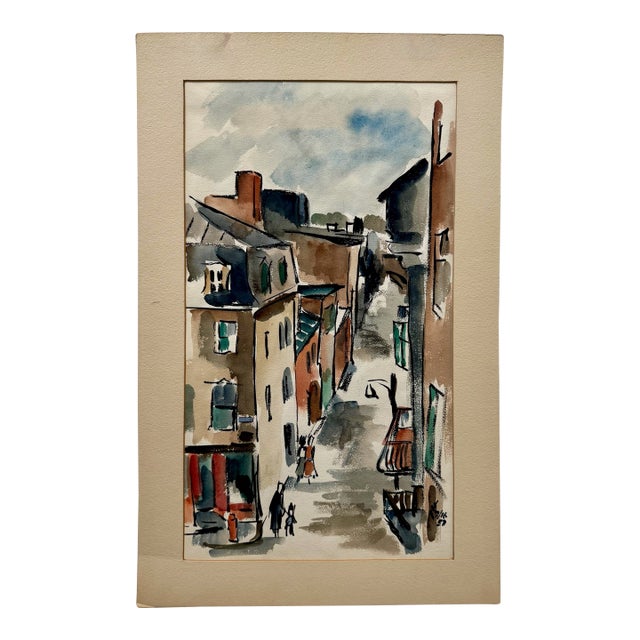 Henry Emil Salloch Original Watercolor on Paper Urban Neighborhood Street Scene, 1957. For Sale