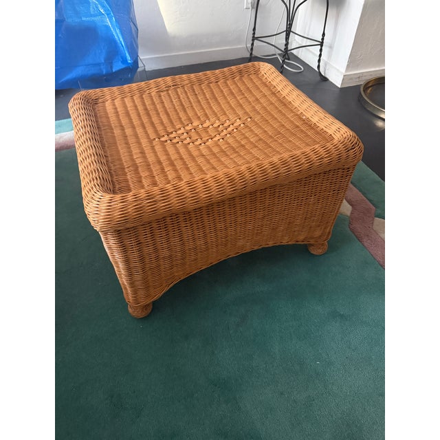 Vintage 1960s Handcrafted Wicker Coffee Table & Ottoman With Bun Feet For Sale - Image 4 of 5