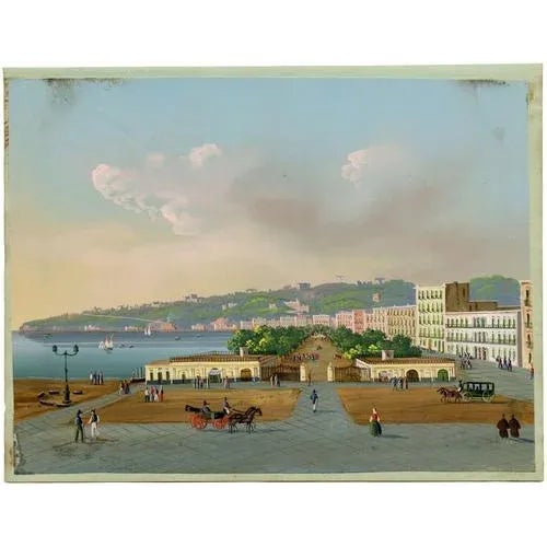 An original mid-19th-century gouache painting, Neapolitan School, La Villa Reale di Chiaia, Naples.A good-sized veduta of...