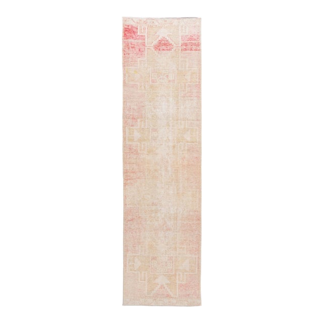 Vintage Turkish Shabby Chic Beige and Pink Handmade Geometric Wool Runner For Sale