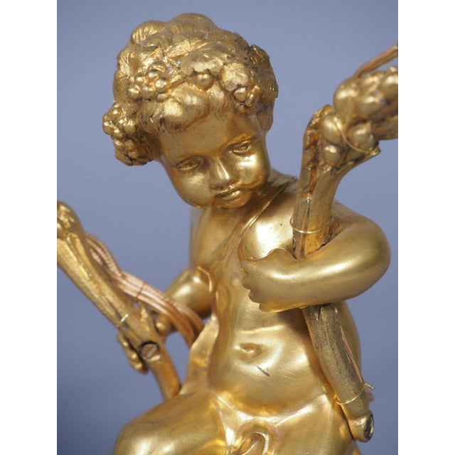 Pair of Refined C. 1850 Louis XVI Style Gilt Bronze and Marble Candelabra Lamps For Sale - Image 13 of 18