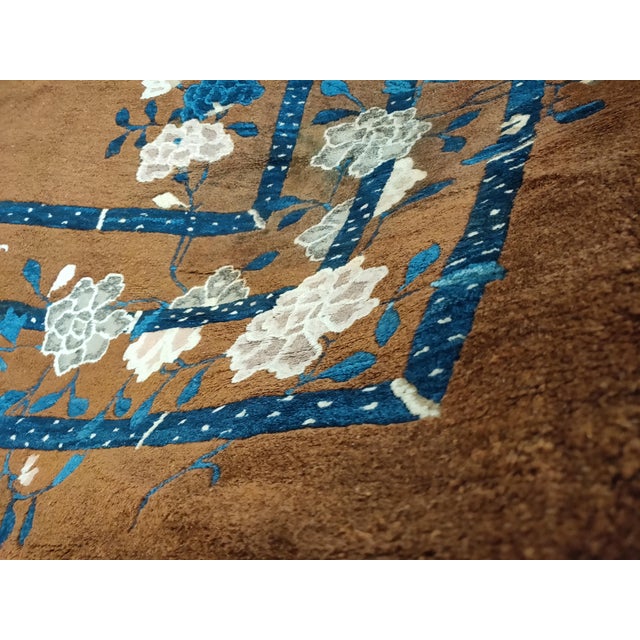 1920s Brown Medallion Floral Antique Chinese Peking Rug 8' X 10' Knotted Pile Wool Carpet For Sale In New York - Image 6 of 6