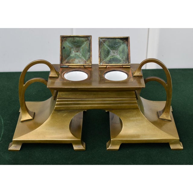 Art Nouveau Antique Art Nouveau Bronze Dbl. Inkwell and Porcelain Inserts For Sale - Image 3 of 16