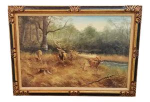 Mid 20th Century Forest Landscape With Deer Oil Painting, Framed