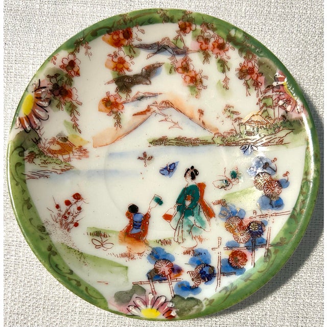 Green 1920’s Antique Japanese Chinoiserie Hand Painted Traditional Geisha Girl & Pagoda Plates & Small Bowls - A 17 Piece Set For Sale - Image 8 of 11