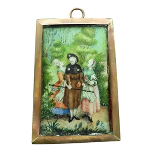 18th Century French Antique Miniature Gentleman & 2 Ladies Portrait Painting Hand Painted Porcelain
