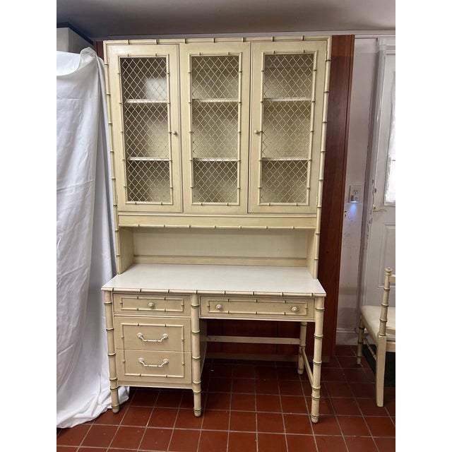 Cream Thomasville Allegro Faux Bamboo Desk With Bookcase Hutch Top and Chair For Sale - Image 8 of 18