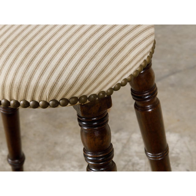 Wood English Turned Oak 19th Century Stool on Casters with Oval Upholstered Seat For Sale - Image 7 of 12