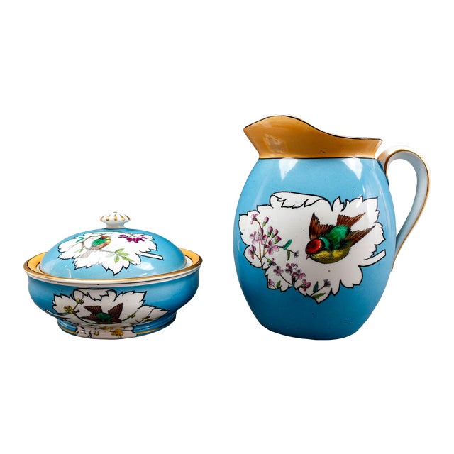 Minton England Antique Birds Turquoise Porcelain Soap Dish & Pitcher Set - 2 Pieces For Sale