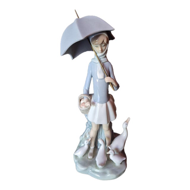 Vintage Lladro Glossy Porcelain Figurine #4510 "Girl With Umbrella and Geese" (Jg) For Sale