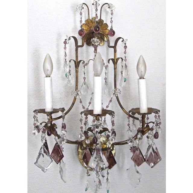 Italian 1940s Italian Gilt Metal Crystal Beaded Amethyst Wall Sconces - a Pair For Sale - Image 3 of 13