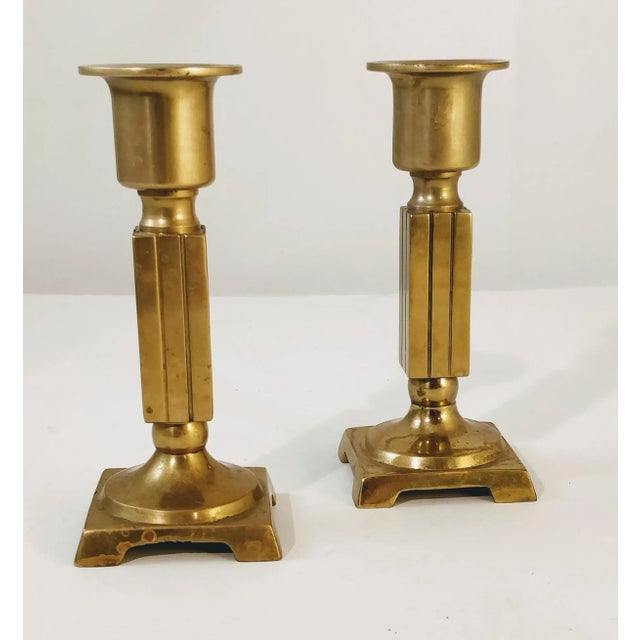 Mid-Century Solid Brass Squared Candlesticks a Pair For Sale - Image 4 of 4