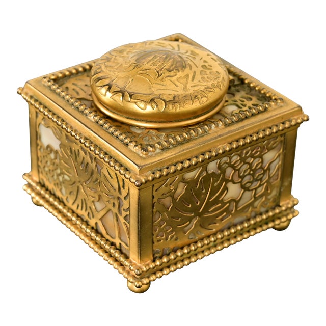 Tiffany Studios New York Grapevine Bronze Doré and Favrile Slag Glass Inkwell For Sale