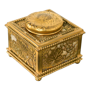 Tiffany Studios New York Grapevine Bronze Doré and Favrile Slag Glass Inkwell
