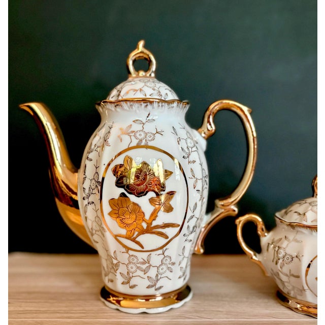English Vintage Porcelain Teapot Set: Gold Floral Design, 1960s. - Set of 2 For Sale - Image 3 of 9