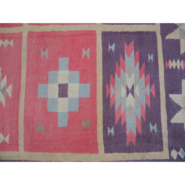 1950s Pink Purple Geometric Vintage Indian Cotton Dhurrie Rug 9'7" X 12'4" Flatweave Carpet For Sale - Image 4 of 11
