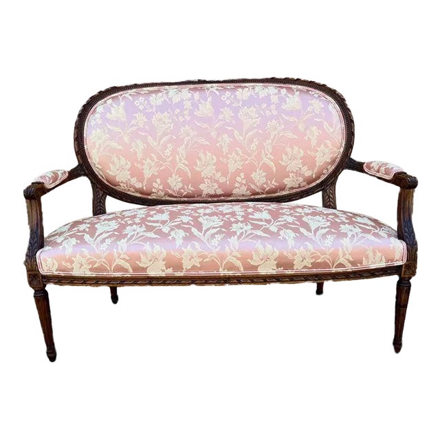 Antique Louis XVI Style Walnut Silk Upholstered Settee Circa 1900-1920s For Sale