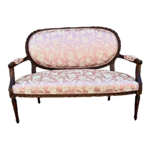 Antique Louis XVI Style Walnut Silk Upholstered Settee Circa 1900-1920s