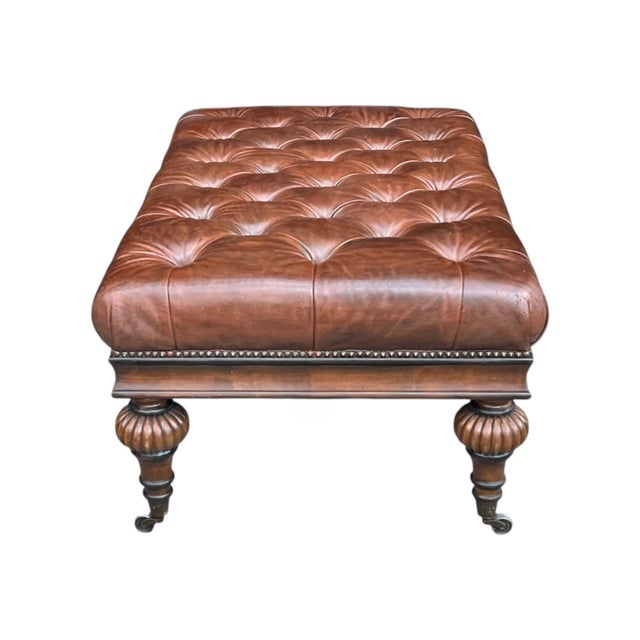 Vintage Tufted Brown Leather Ottoman Bench With Nailhead Trim & Carved Wood Legs on Casters For Sale - Image 4 of 15