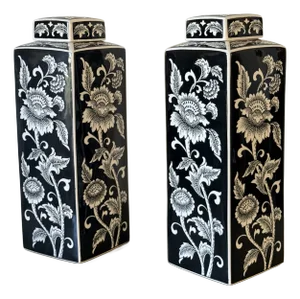 Vintage Large Porcelain Rectangular Ginger Jars in Black and White Florals, a Pair