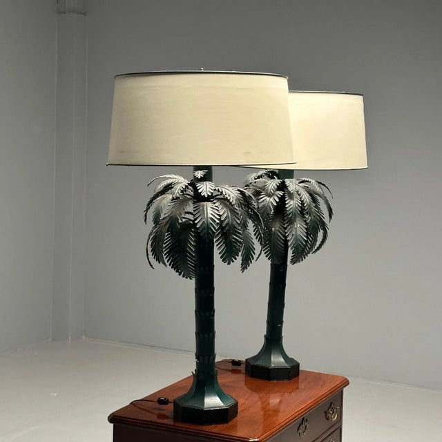 1970s Large Pair of Mid-Century Modern Maison Jansen Style Palm Tree Lamps, Metal For Sale - Image 5 of 12